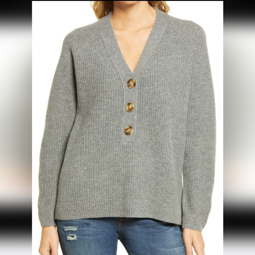 Madewell Ribbed Lyle Henley V-neck Sweater Wool Blend Gray